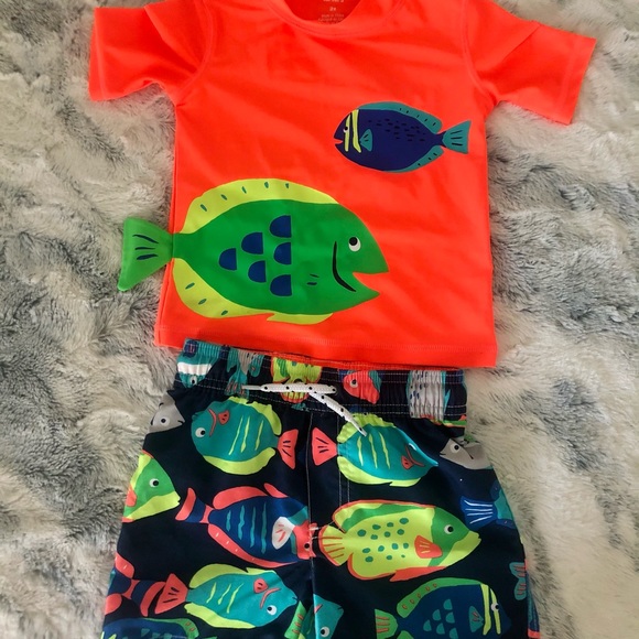 2 Piece Fish Rash Guard Top & Swim Trunks Set - Picture 2 of 4